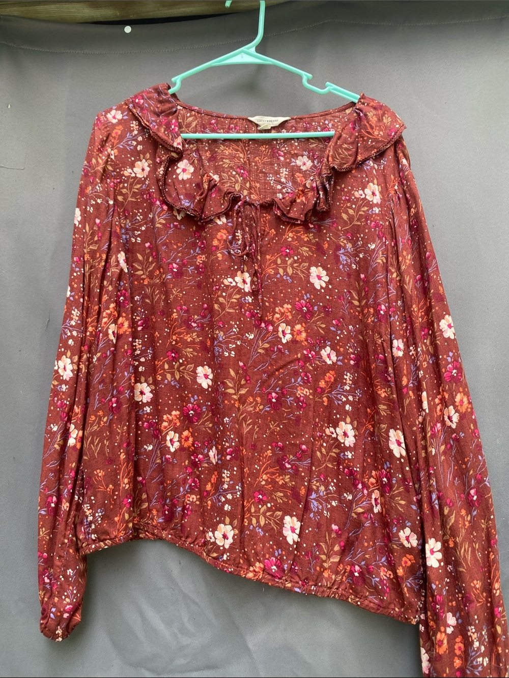 Lucky Brand Rust Floral Ruffle-Neck Blouse